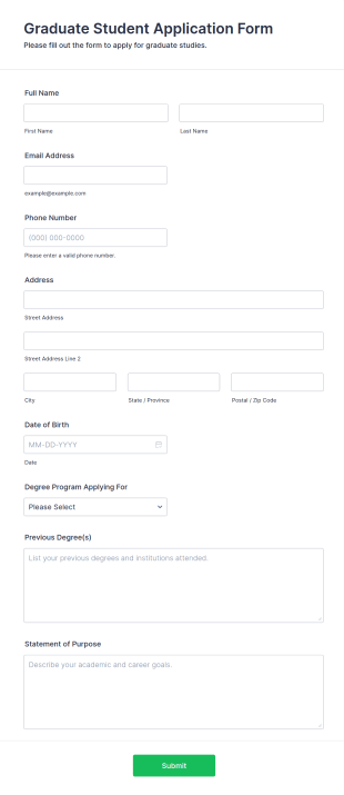 Graduate Student Application Form Template