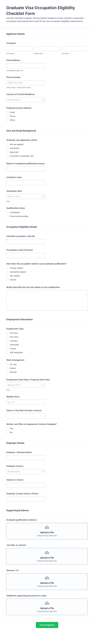 Graduate Visa Occupation Eligibility Checklist Form Template