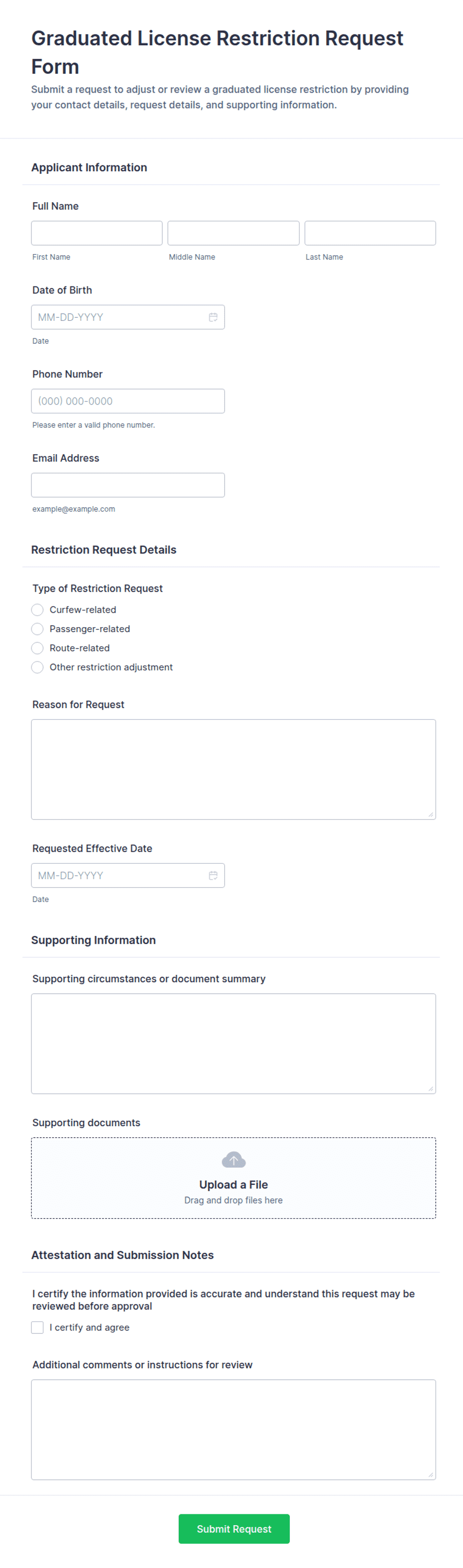 Graduated License Restriction Request Form Template | Jotform