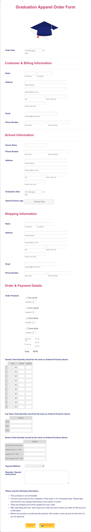Graduation Apparel Order Form Template