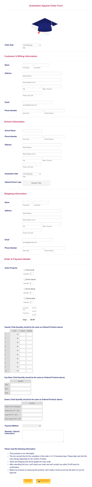 Graduation Apparel Order Form Template