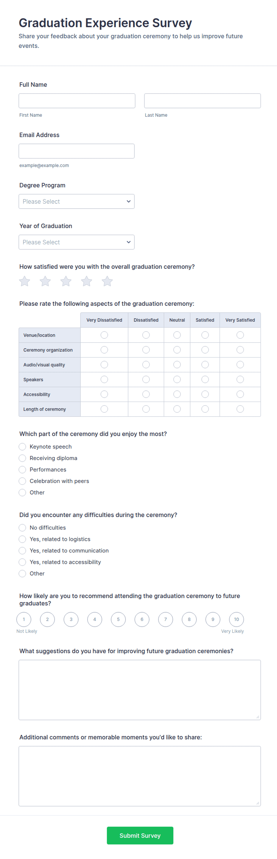 Graduation Questionnaire Graduation Experience Survey Form Template | Jotform