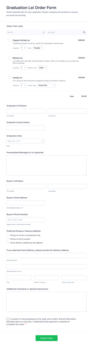 Graduation Lei Order Form Template