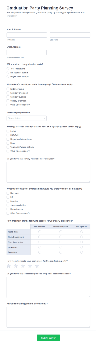 Graduation Party Planning Survey Form Template