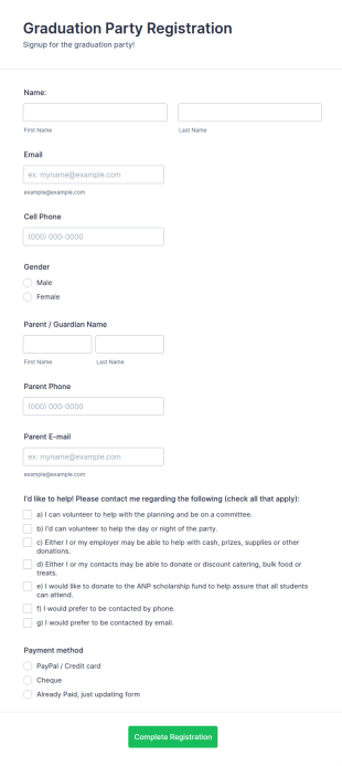 Graduation Party Registration Form Template