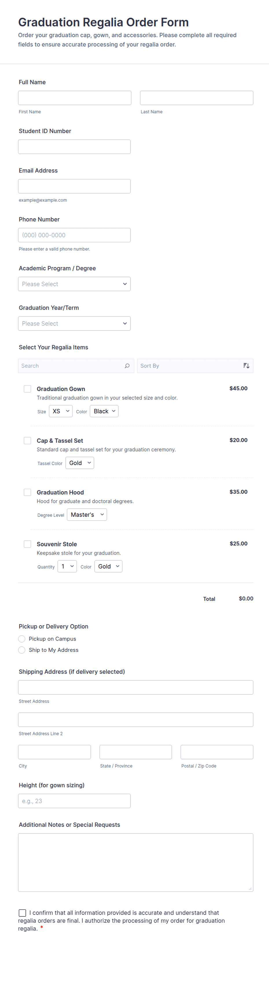 Graduation Order Graduation Regalia Order Form Template | Jotform