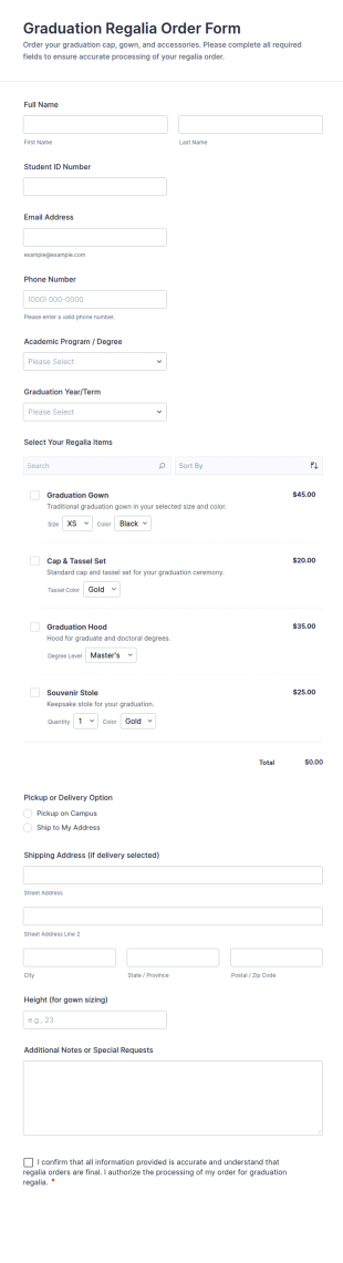 Graduation Regalia Order Form Template