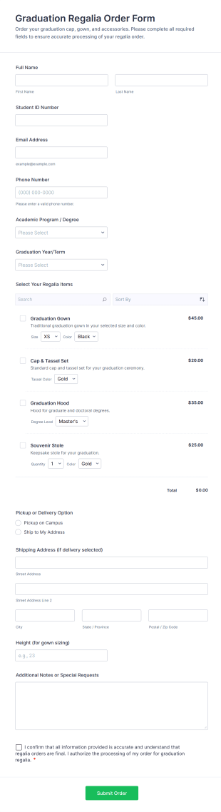 Graduation Regalia Order Form Template