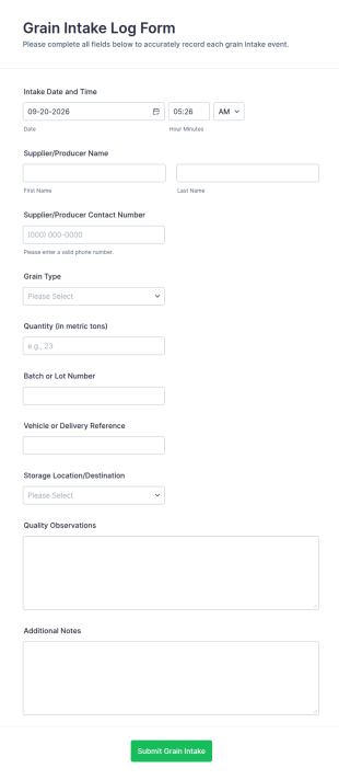 Grain Intake Log Form Template