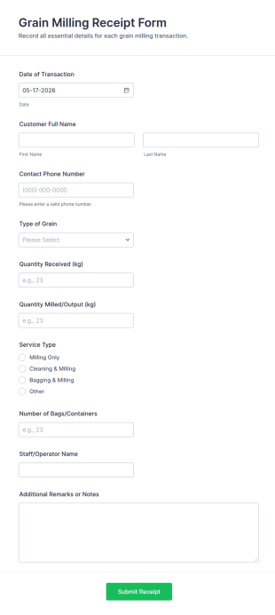 Grain Milling Receipt Form Template