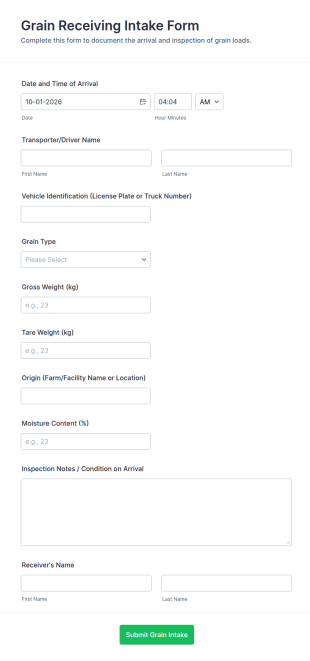Grain Receiving Intake Form Template