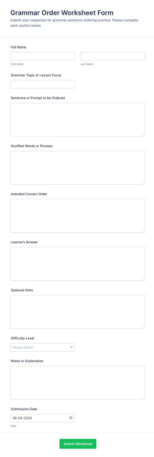 Grammar Order Worksheet Form Template