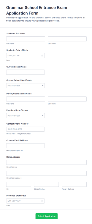 Grammar School Entrance Exam Application Form Template