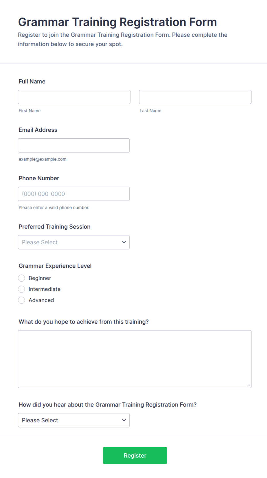Grammar Training Registration Form Template | Jotform