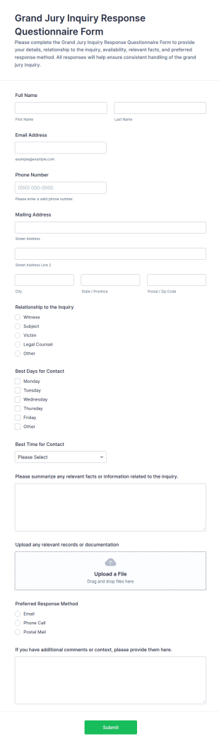 Grand Jury Inquiry Response Questionnaire Form Template