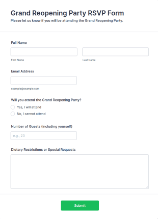 Grand Reopening Party RSVP Form Template