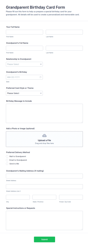 Grandparent Birthday Card Form Template