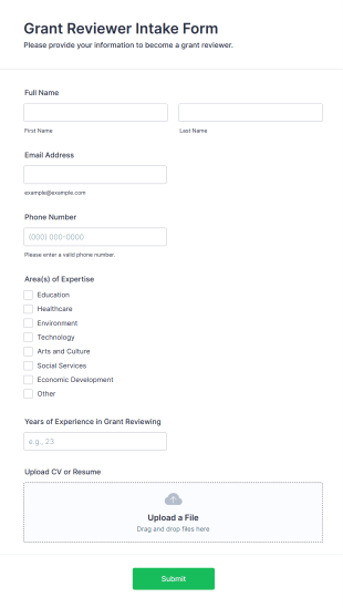 Grant Reviewer Intake Form Form Template