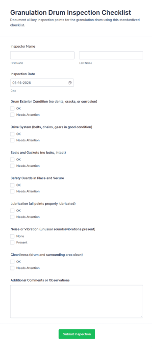 Granulation Drum Inspection Checklist Form Template