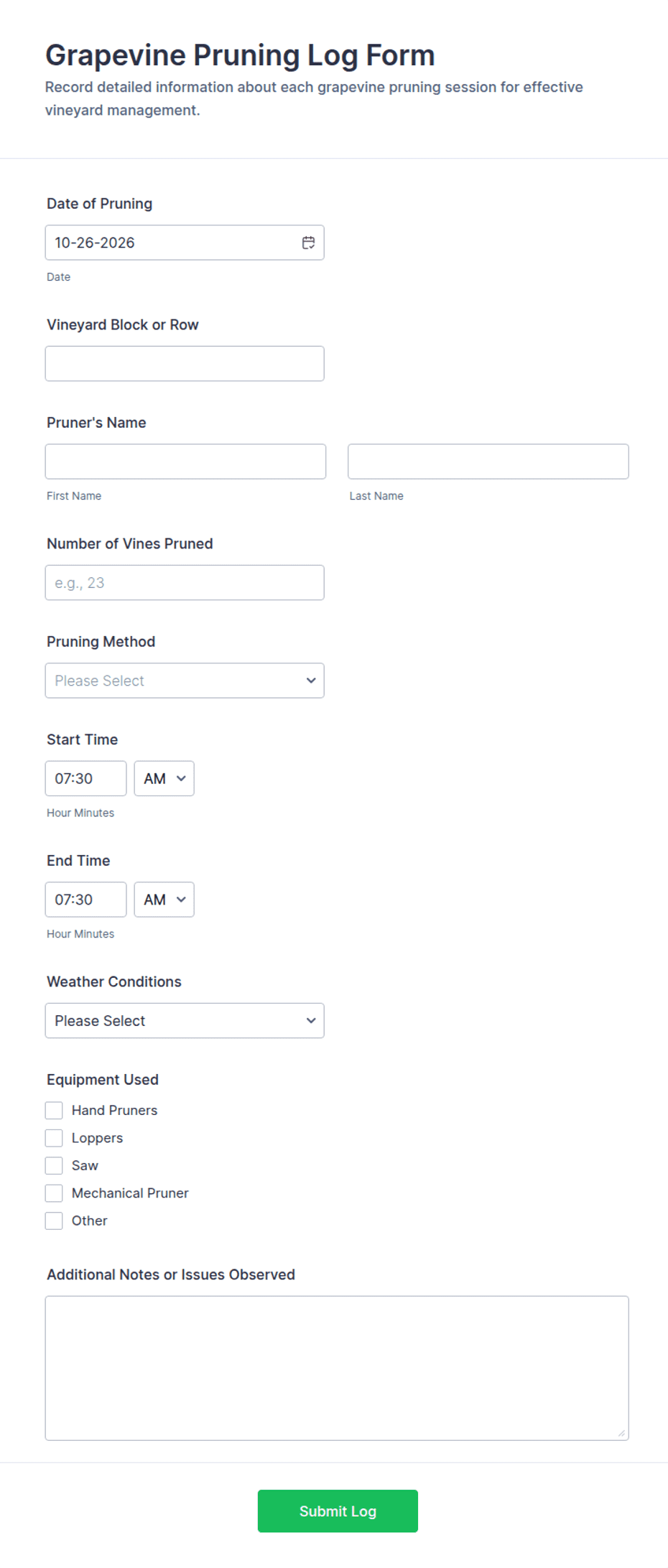 Grapevine Pruning Log Form Template | Jotform