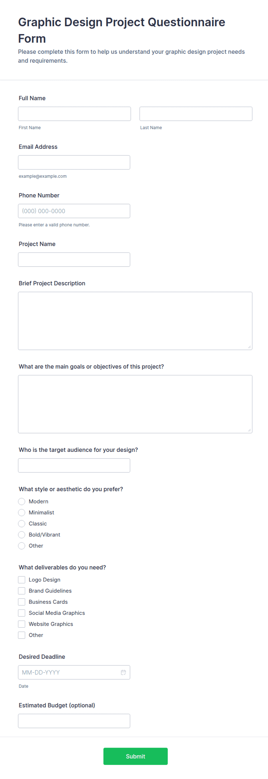 Graphic Design Project Questionnaire Form Template | Jotform