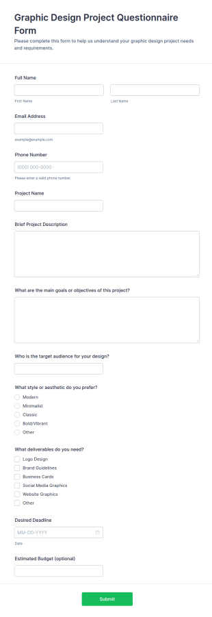 Graphic Design Project Questionnaire Form Template