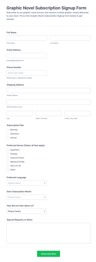 Graphic Novel Subscription Signup Form Template