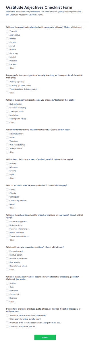 Gratitude Adjectives Checklist Form Template