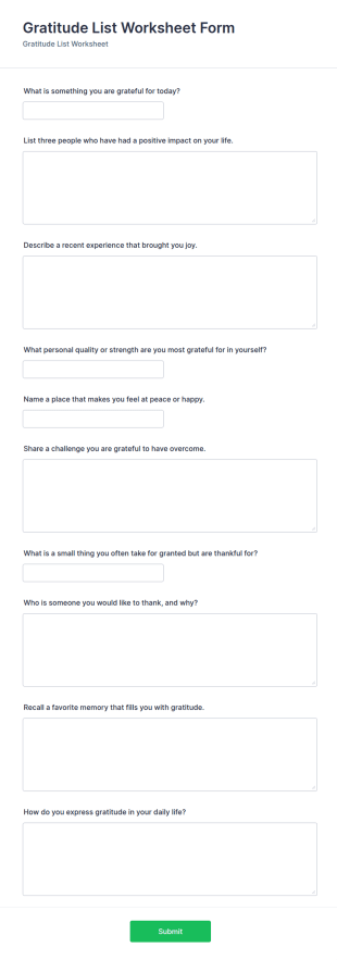 Gratitude List Worksheet Form Template