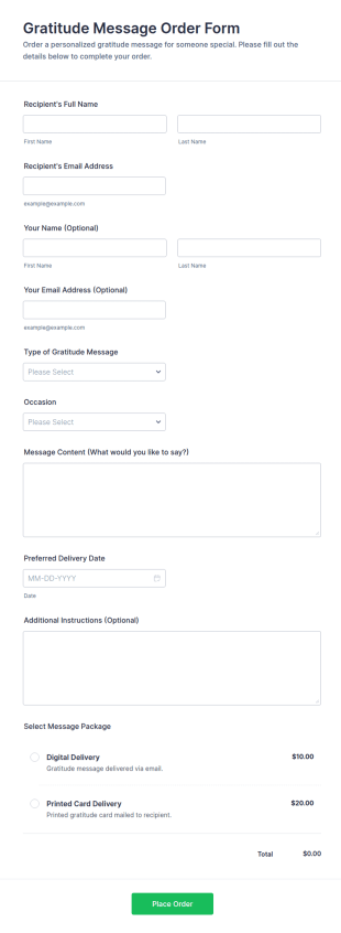 Gratitude Message Order Form Template