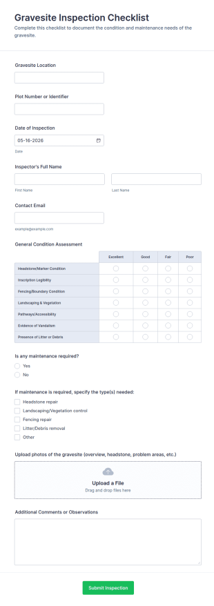Gravesite Inspection Checklist Form Template