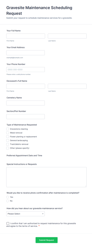 Gravesite Maintenance Scheduling Request Form Template