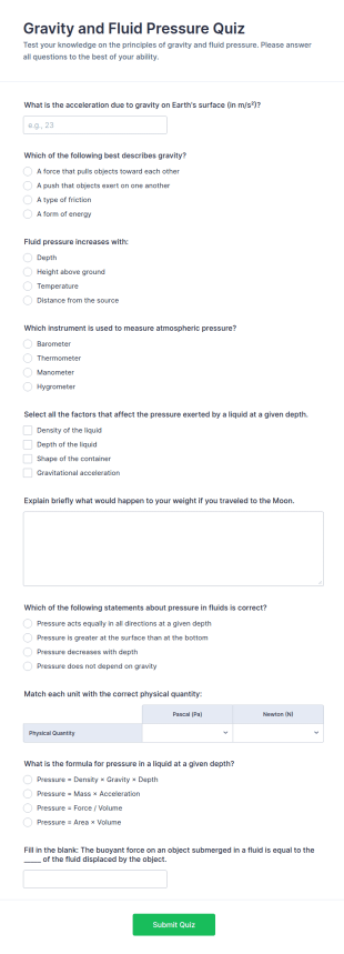 Gravity And Fluid Pressure Quiz Form Template