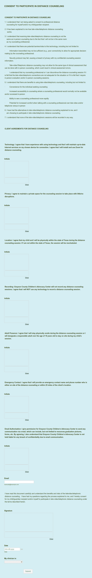 Grayson CONSENT TO PARTICIPATE IN DISTANCE COUNSELING Form Template