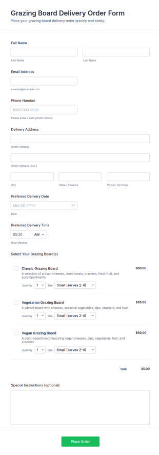 Grazing Board Delivery Order Form Template
