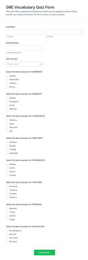 GRE Vocabulary Quiz Form Template