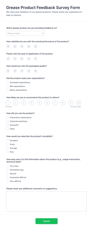 Grease Product Feedback Survey Form Template