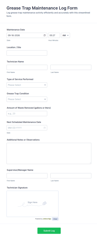 Grease Trap Maintenance Log Form Template