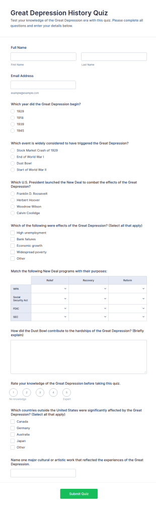 Great Depression History Quiz Form Template