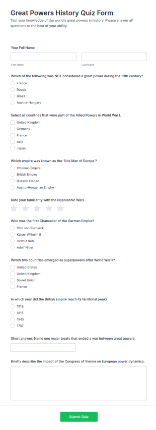 Great Powers History Quiz Form Template