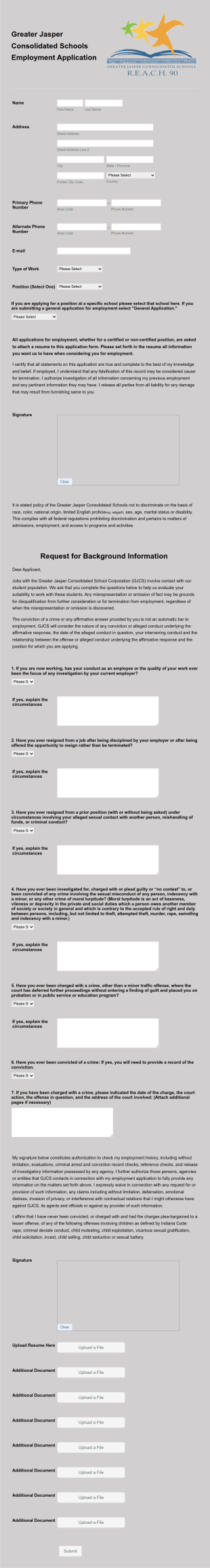 Consolidated Schools Employment Application Form Template