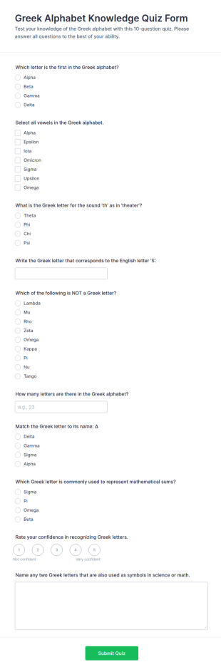 Greek Alphabet Knowledge Quiz Form Template