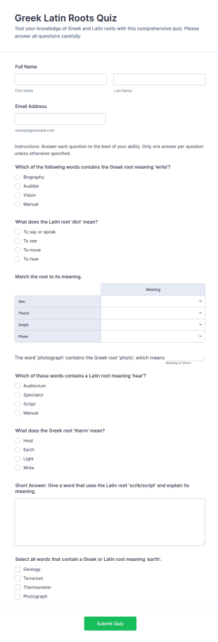 Greek Latin Roots Quiz Form Template