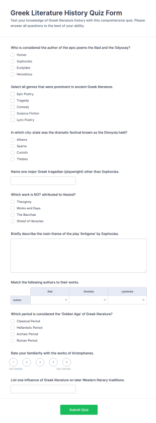 Greek Literature History Quiz Form Template
