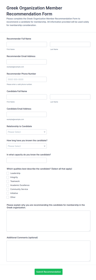 Greek Organization Member Recommendation Form Template