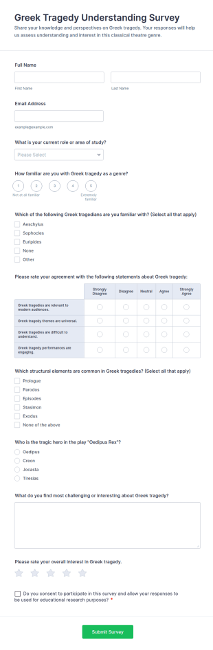 Greek Tragedy Understanding Survey Form Template