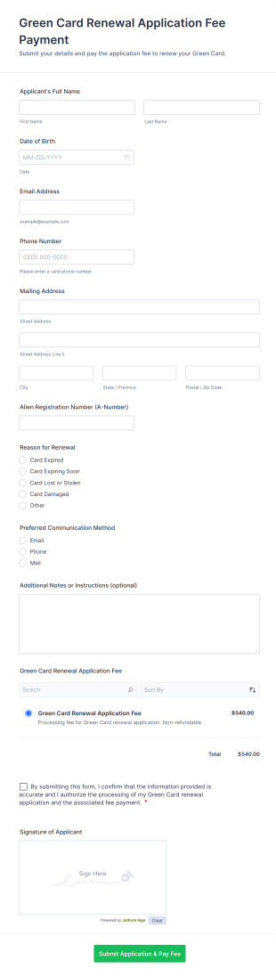 Green Card Renewal Application Fee Payment Form Template