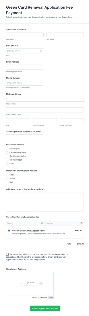 Green Card Renewal Application Fee Payment Form Template