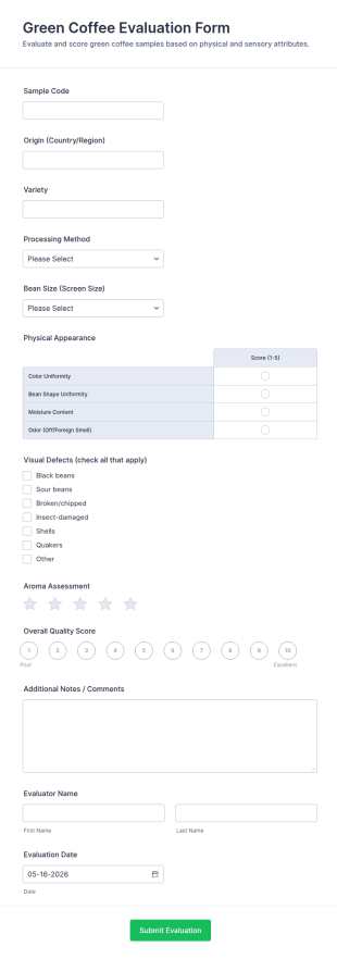 Green Coffee Evaluation Form Template