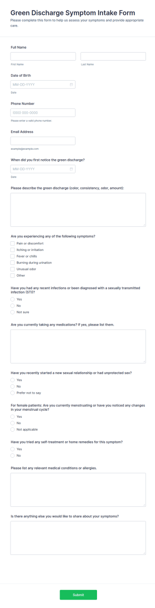 Green Discharge Symptom Intake Form Template